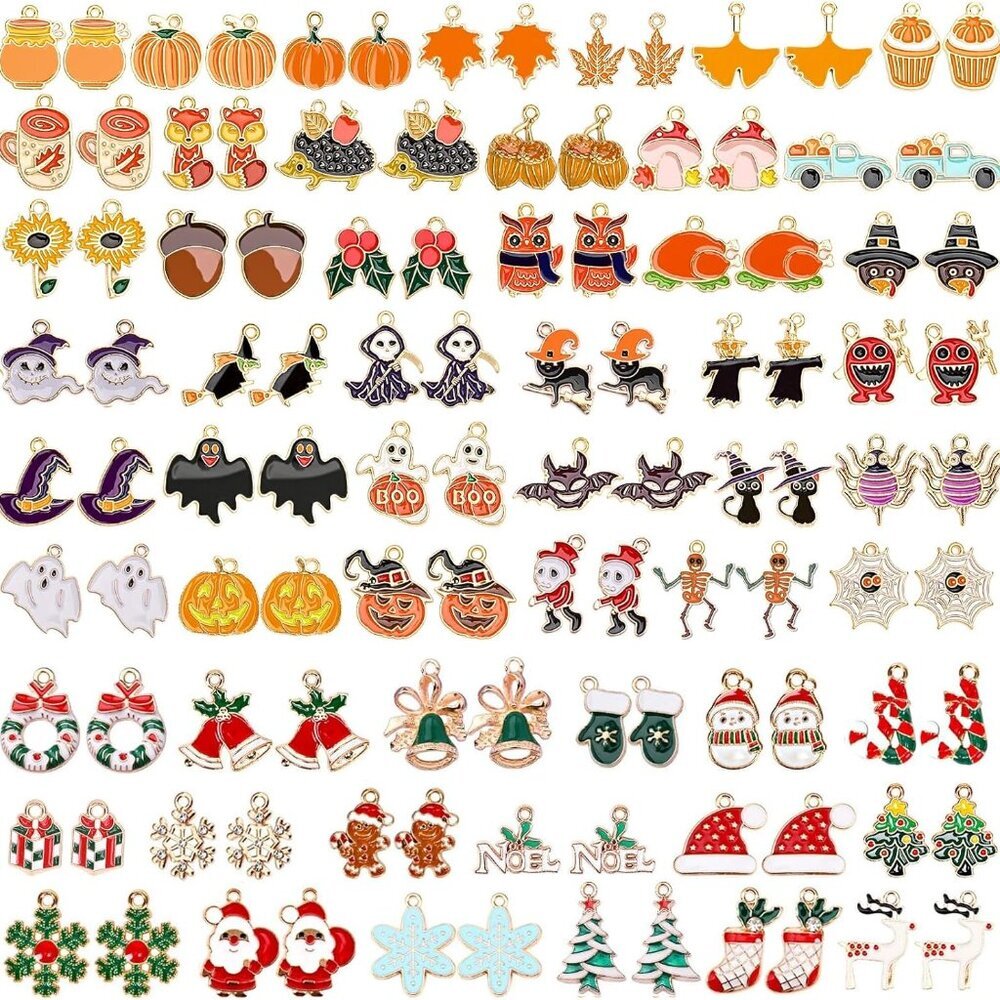 110Pcs/55 Pairs Holiday Charms, Thanksgiving Fall Halloween Christmas Charm for